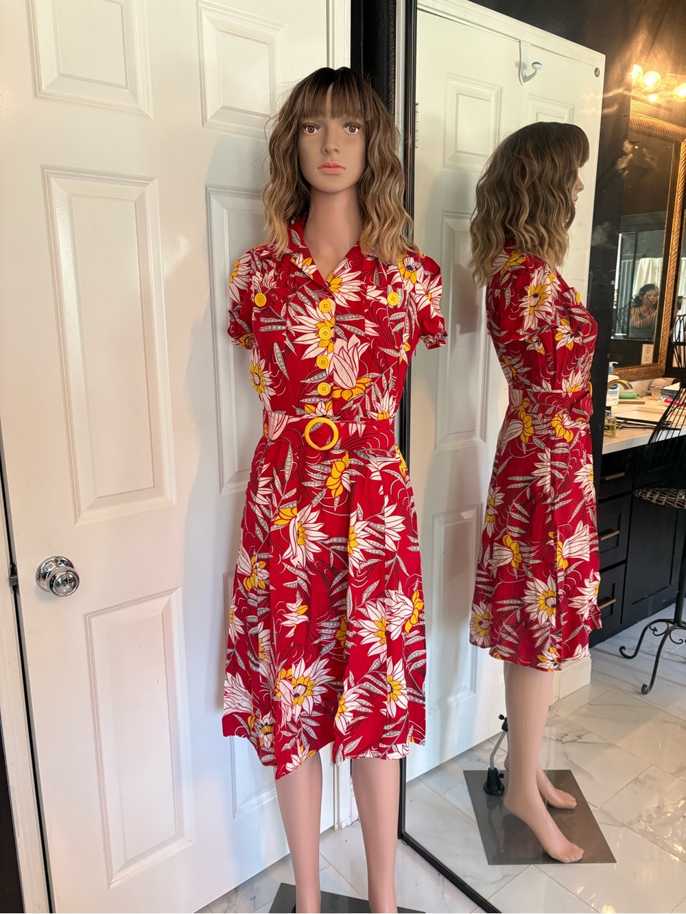 Trashy Diva Waterlilies Red Yellow Floral Belted Dress pinup rockabilly